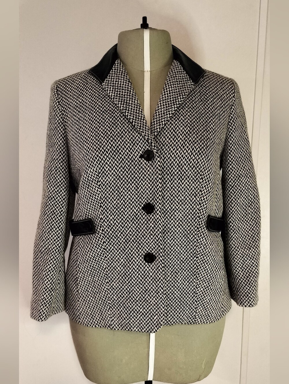 Talbots Black & White Herringbone Blazer with Contrast Trim